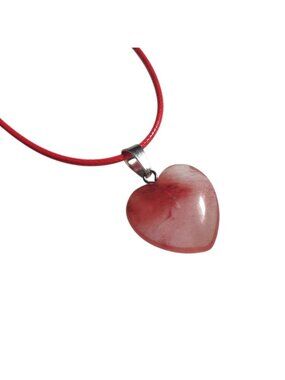 Pink Cord Necklace Heart Shaped Pendant Stone Lobster Clasp Women Gift 17" - 19"